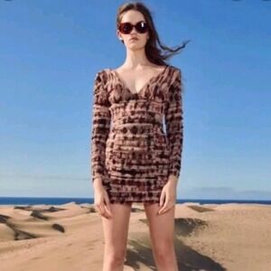 Zara NWT Brown Ruched Tulle Mesh Tie Dye V-Neck Mini Dress Long Sleeve Small